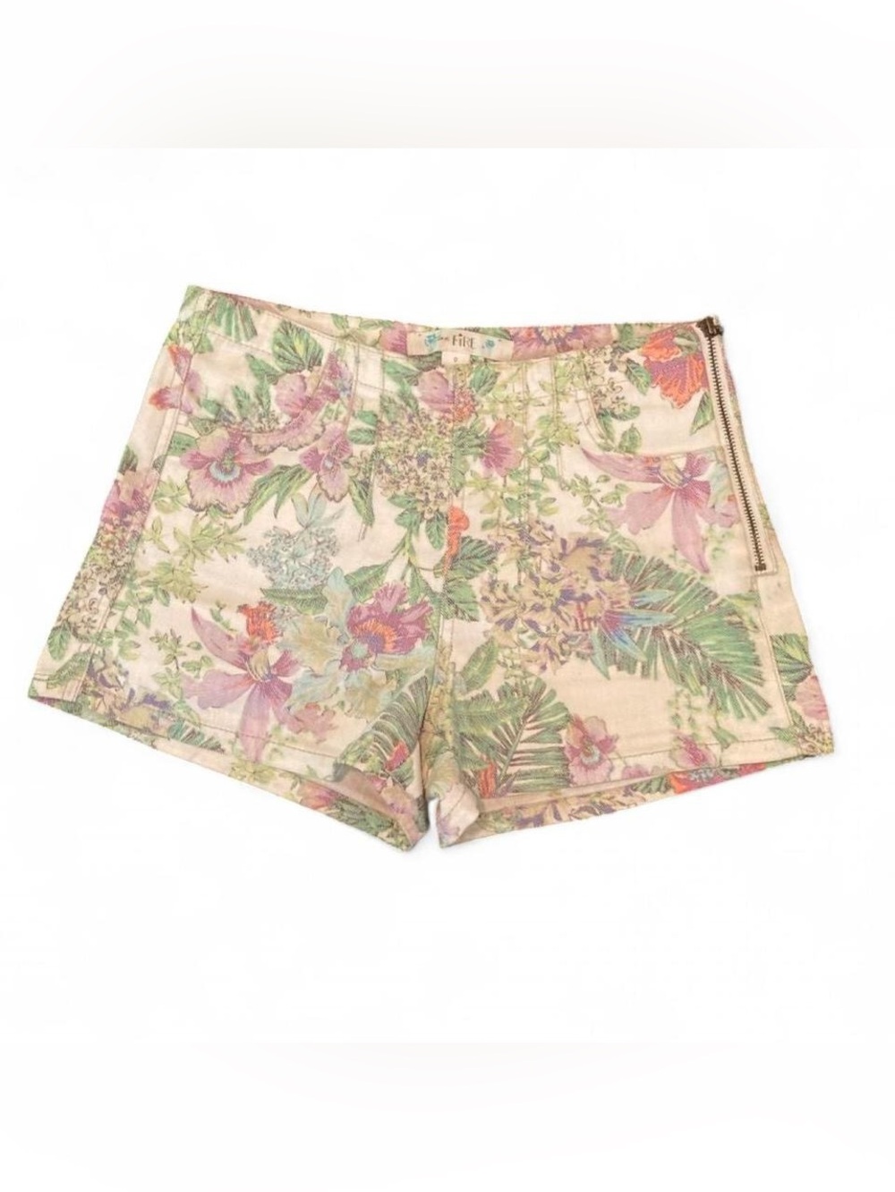 Love, Fire High-Waist White Denim Shorts/Tropical Floral Palm Leaf Print Size 0